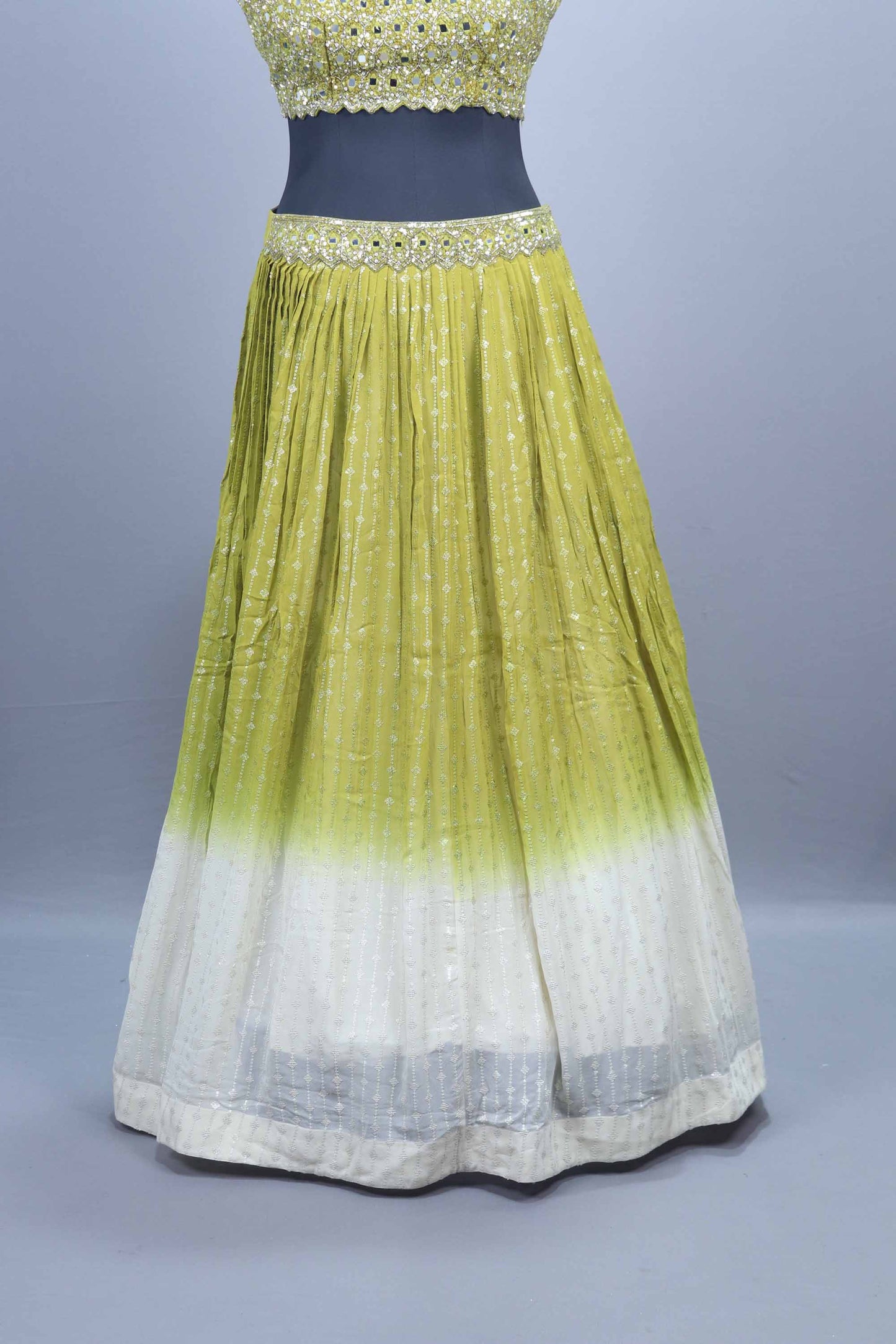 Lime Green Mirror Work Lehenga Choli with Embroidered Cape Festive Wear