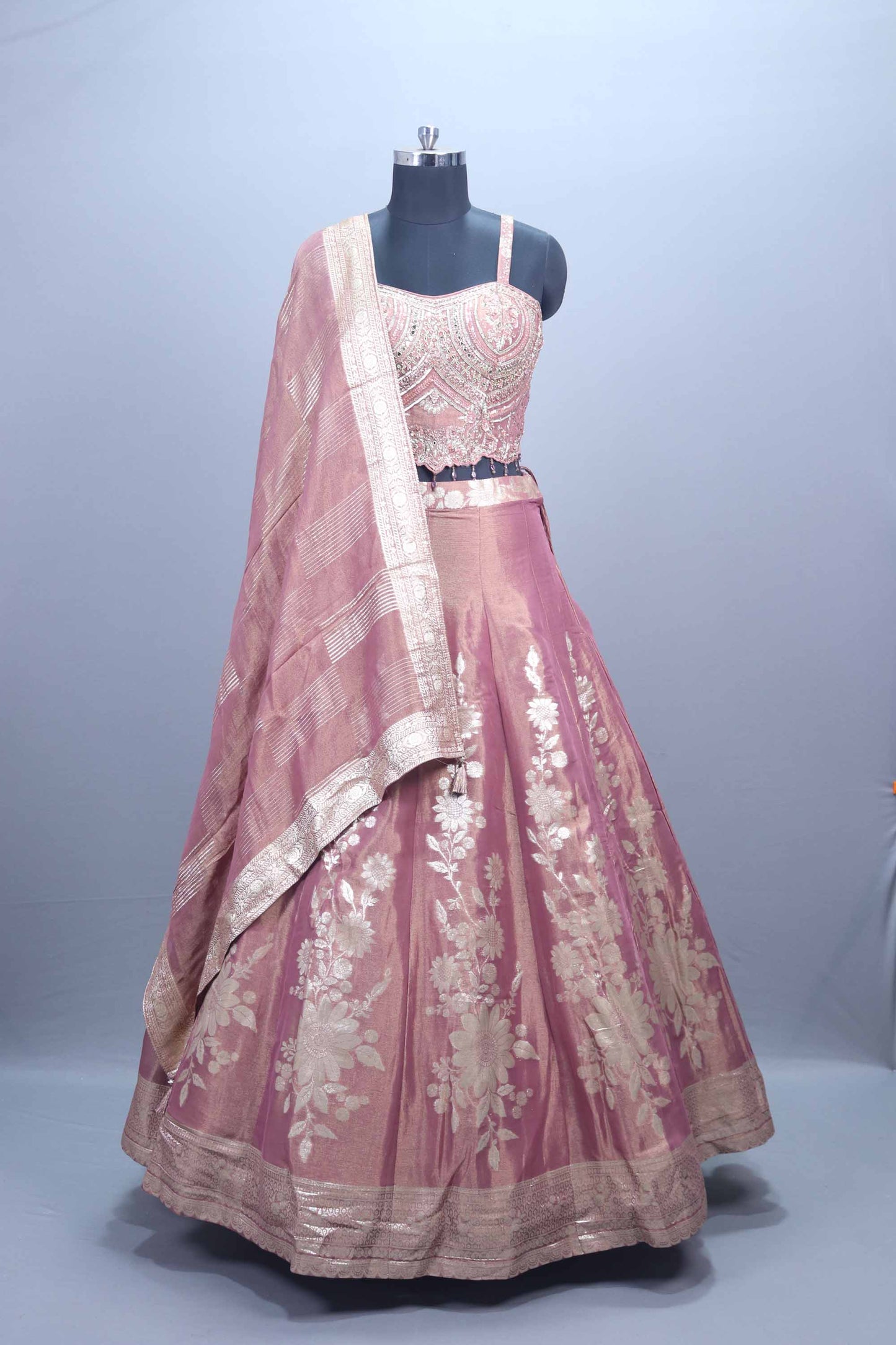 Dusty Pink Zari Embroidered Silk Lehenga Choli with Heavy Blouse Dupatta