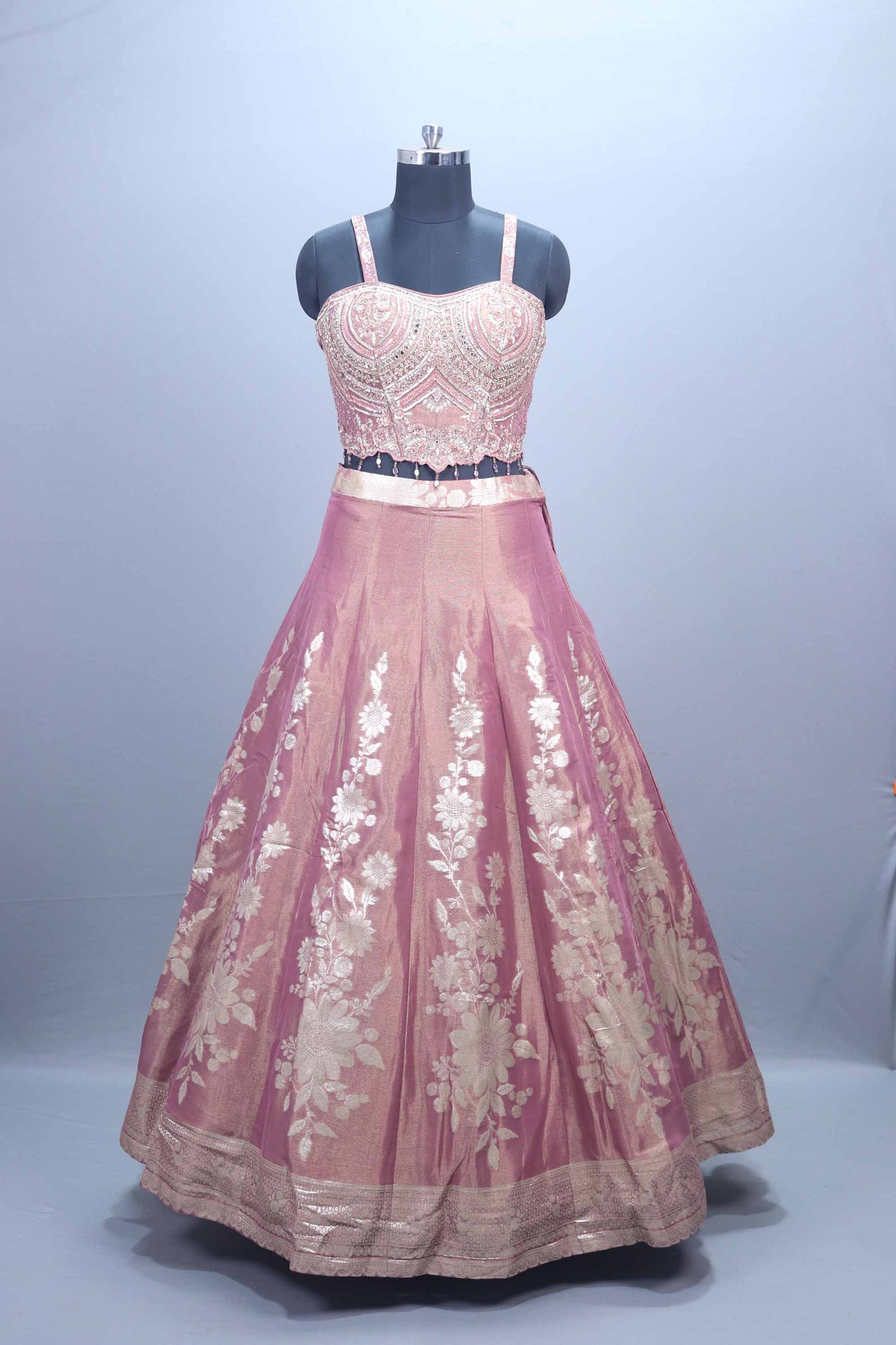 Dusty Pink Zari Embroidered Silk Lehenga Choli with Heavy Blouse Dupatta