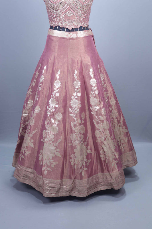 Dusty Pink Zari Embroidered Silk Lehenga Choli with Heavy Blouse Dupatta
