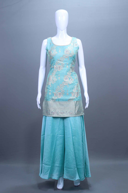 Turquoise Embroidered Kurta Sharara Set with Dupatta Festive Wear