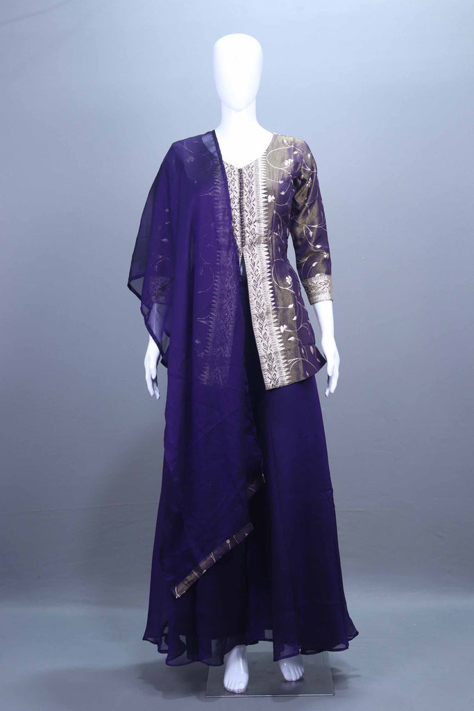 Purple Embroidered Ethnic Kurta Skirt Suit  Set with Dupatta 