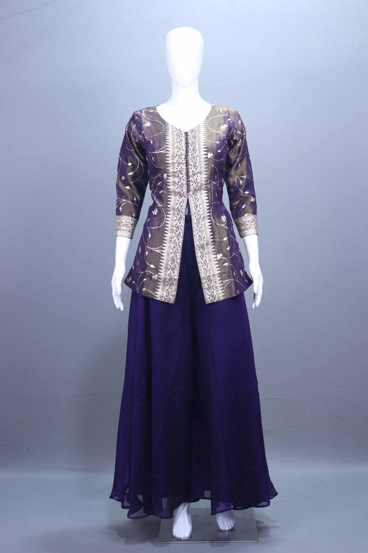 Purple Embroidered Ethnic Kurta Skirt Suit  Set with Dupatta