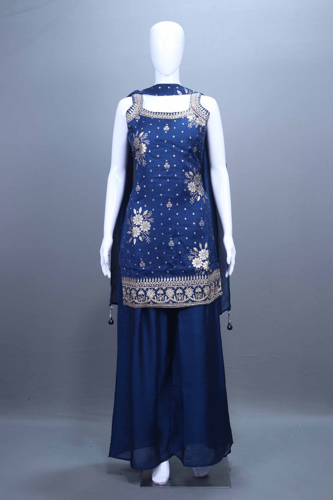  Navy Blue Embroidered Kurta Sharara Set with Dupatta Festive Wear 