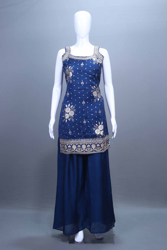 Navy Blue Embroidered Kurta Sharara Set with Dupatta Festive Wear