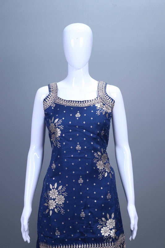 Navy Blue Embroidered Kurta Sharara Set with Dupatta Festive Wear