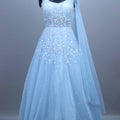 Light Blue Embroidered Net Ball Sequins Party Wear Gown