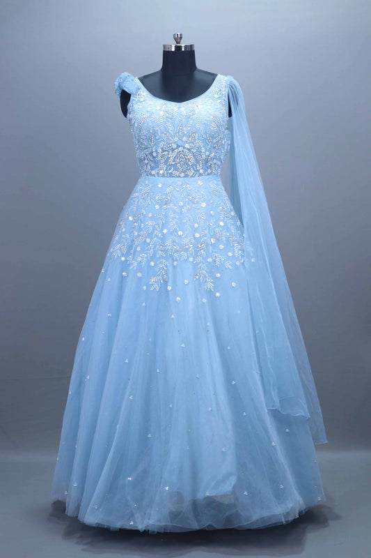 Light Blue Embroidered Net Ball Sequins Party Wear Gown