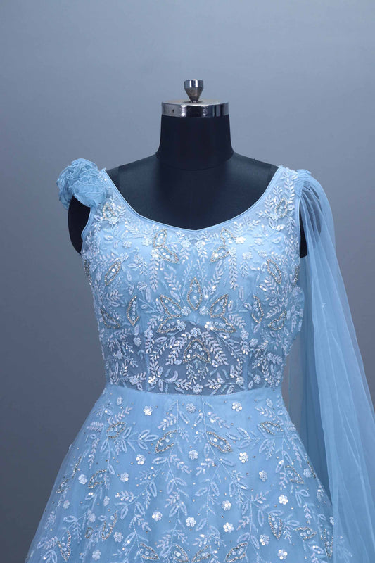 Light Blue Embroidered Net Ball Sequins Party Wear Gown