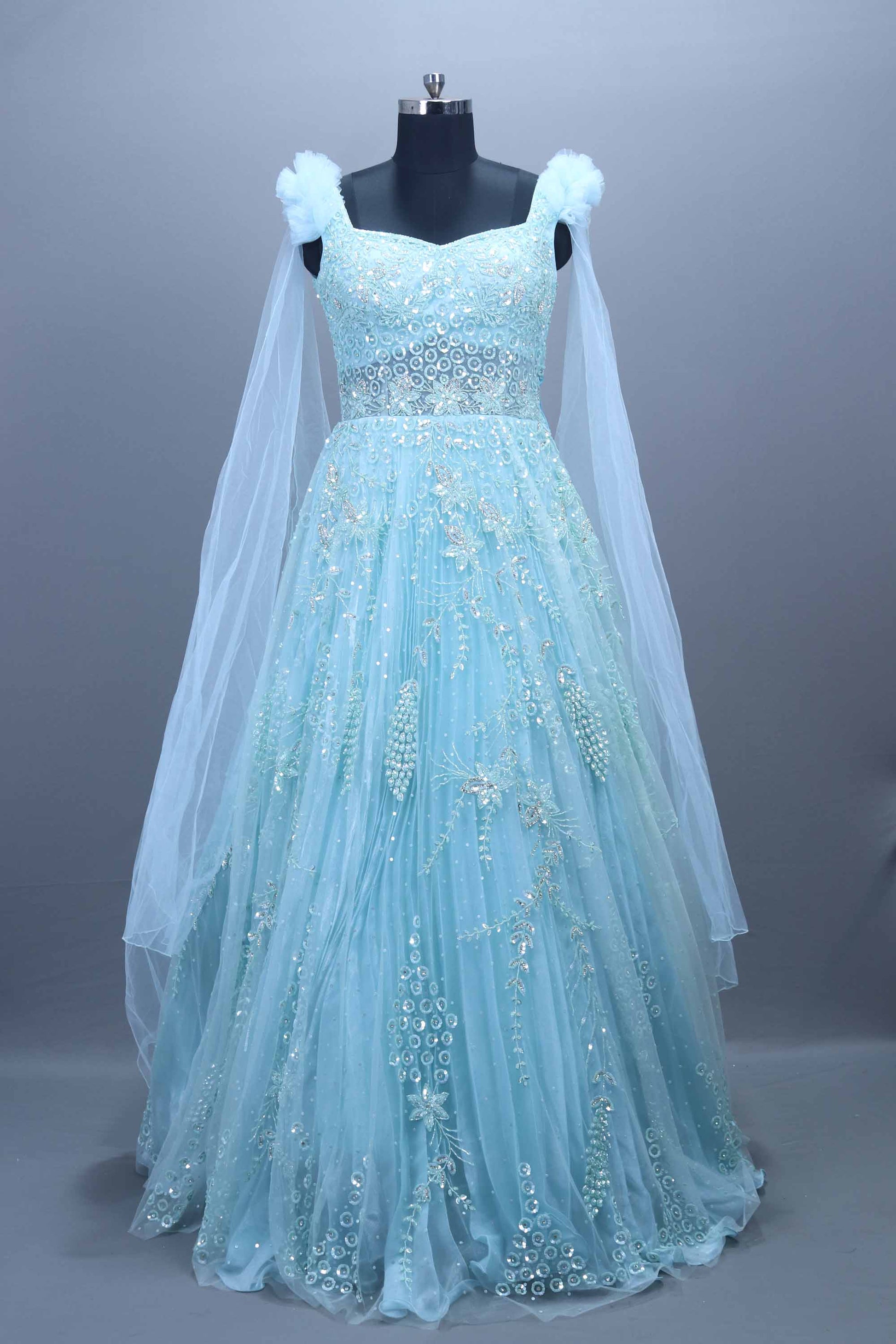 Light Blue Heavy Net Gown Mirror Work Party Wear Ball Gown