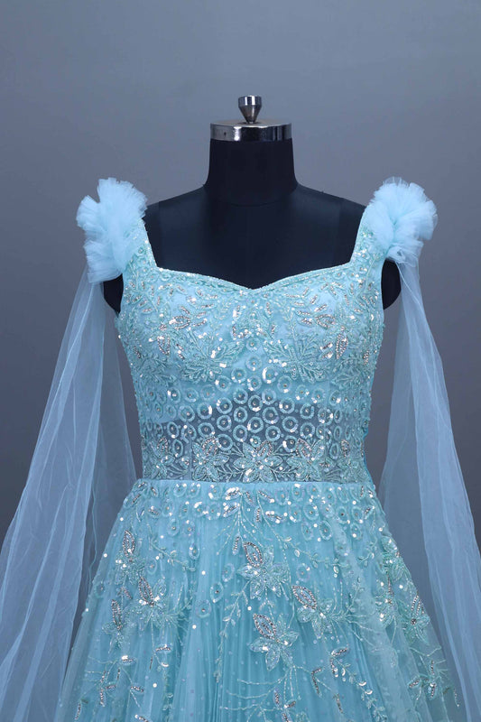 Light Blue Heavy Net Gown Mirror Work Party Wear Ball Gown