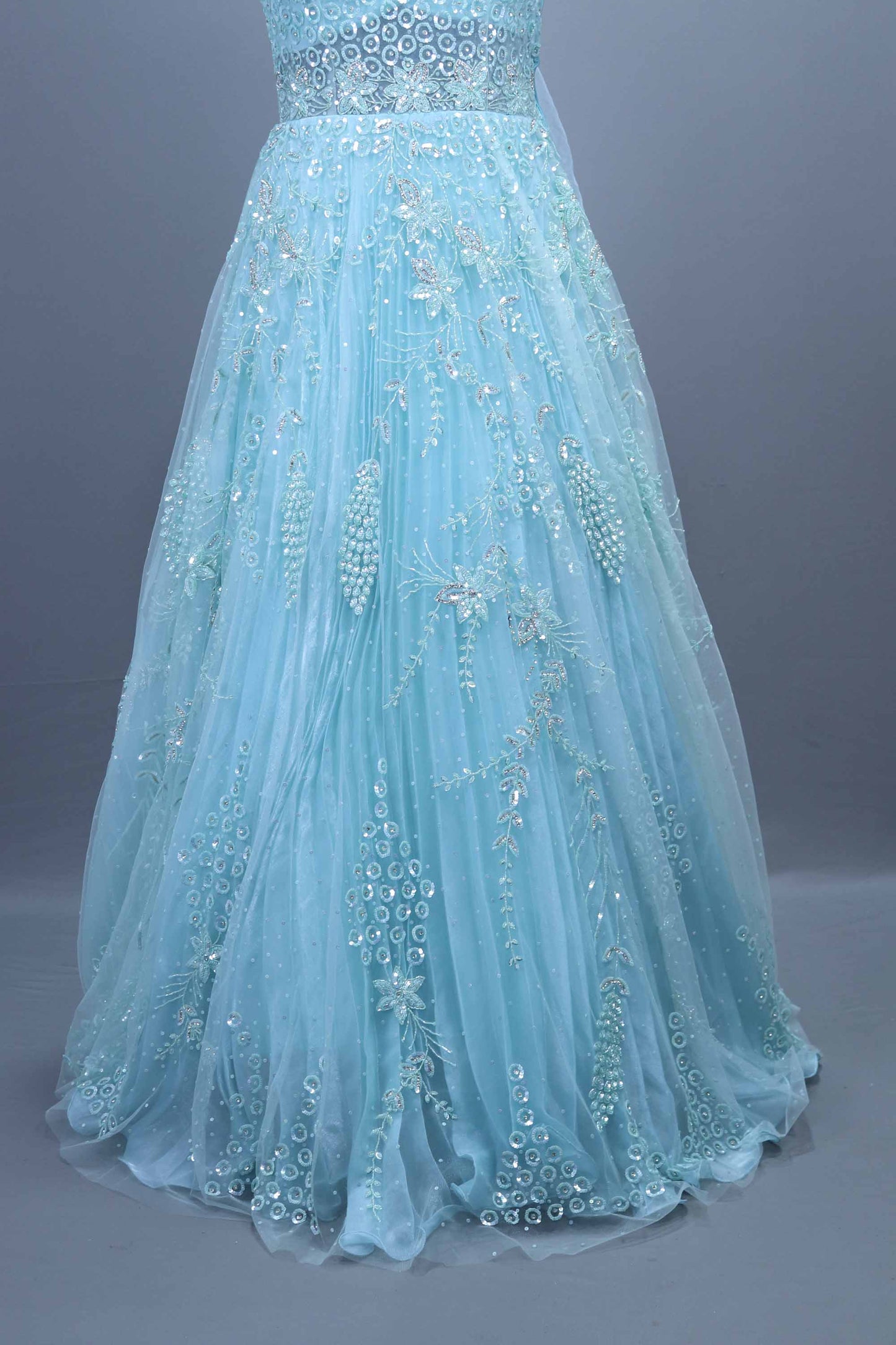 Light Blue Heavy Net Gown Mirror Work Party Wear Ball Gown