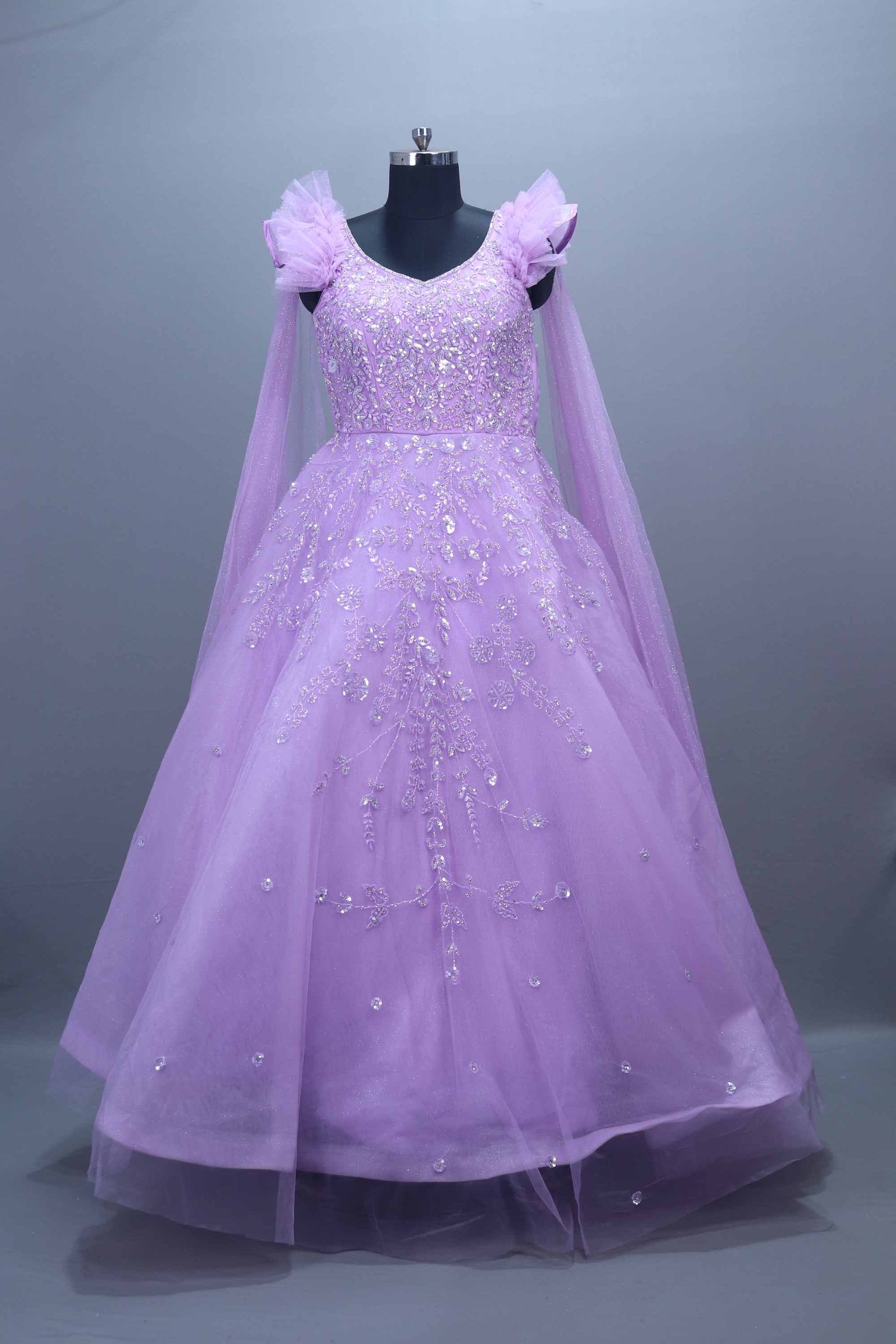 Lavender Heavy Net Gown Mirror Work Party Wear Ball Gown