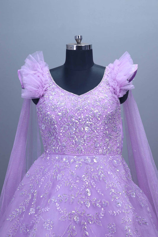 Lavender Heavy Net Gown Mirror Work Party Wear Ball Gown