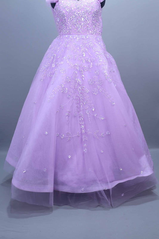 Lavender Heavy Net Gown Mirror Work Party Wear Ball Gown