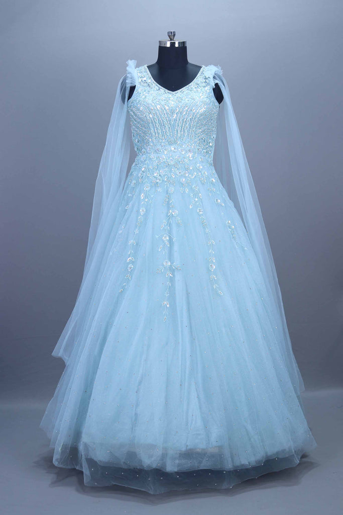 Sky Blue Heavy Net Gown Sequins Party Wear Ball Gown