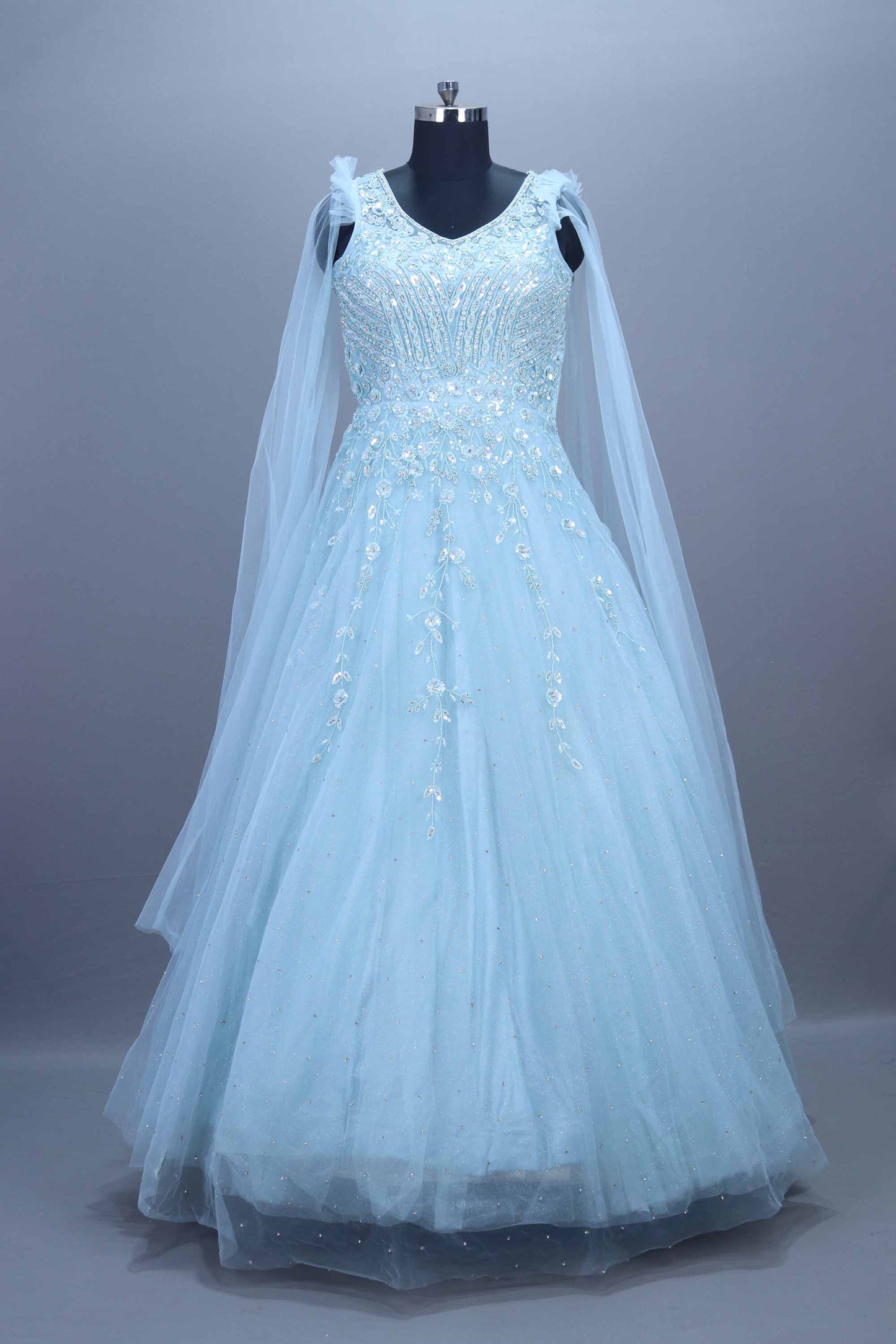 Sky Blue Heavy Net Gown Sequins Party Wear Ball Gown
