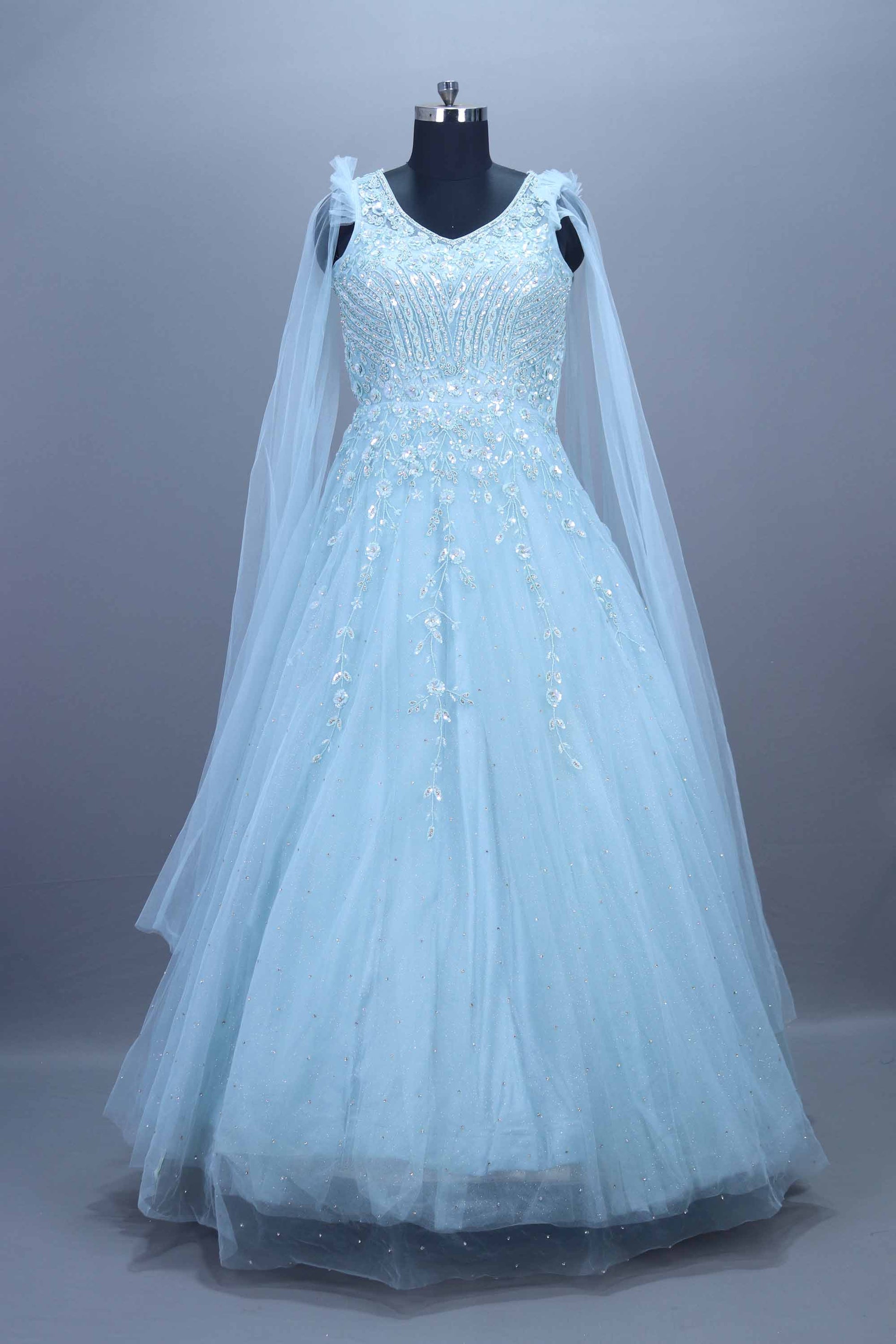 Sky Blue Heavy Net Gown Sequins Party Wear Ball Gown