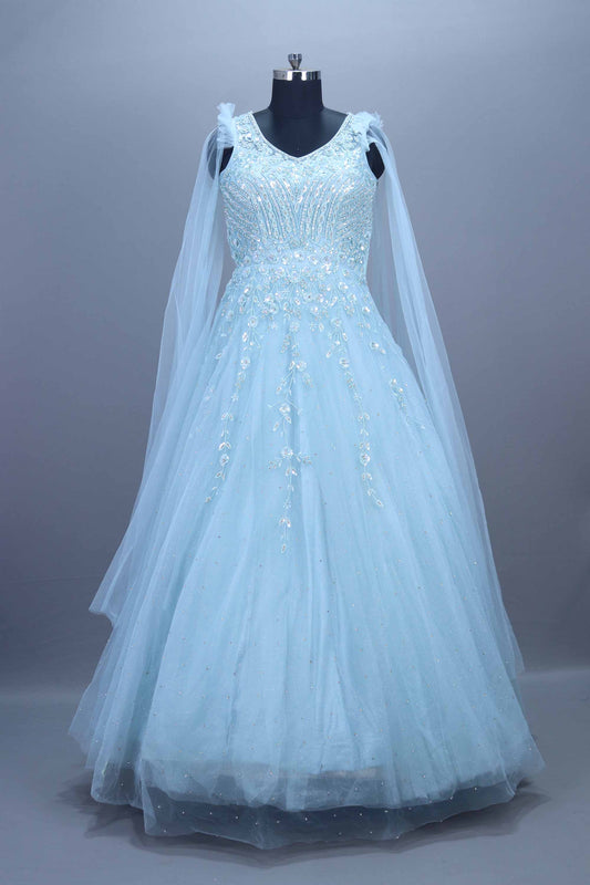 Sky Blue Heavy Net Gown Sequins Party Wear Ball Gown