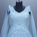 Sky Blue Heavy Net Gown Sequins Party Wear Ball Gown