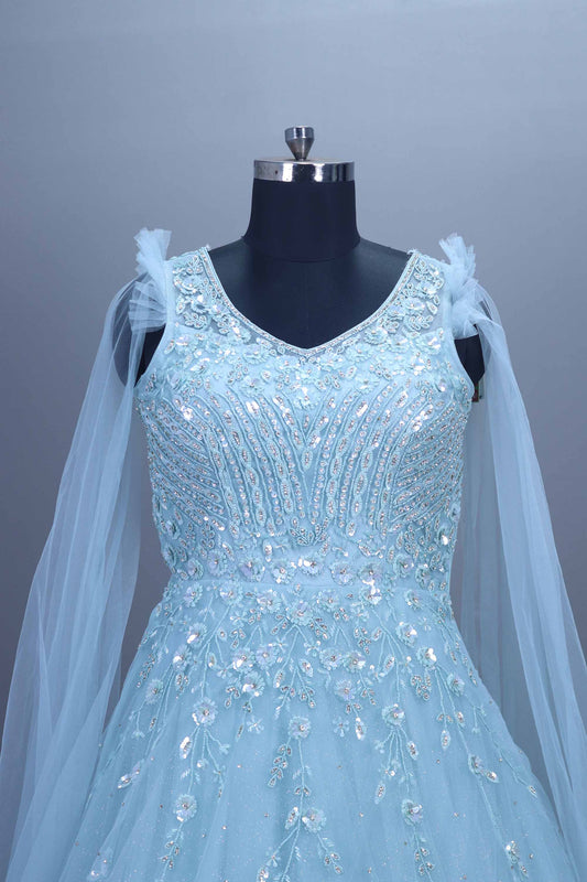 Sky Blue Heavy Net Gown Sequins Party Wear Ball Gown