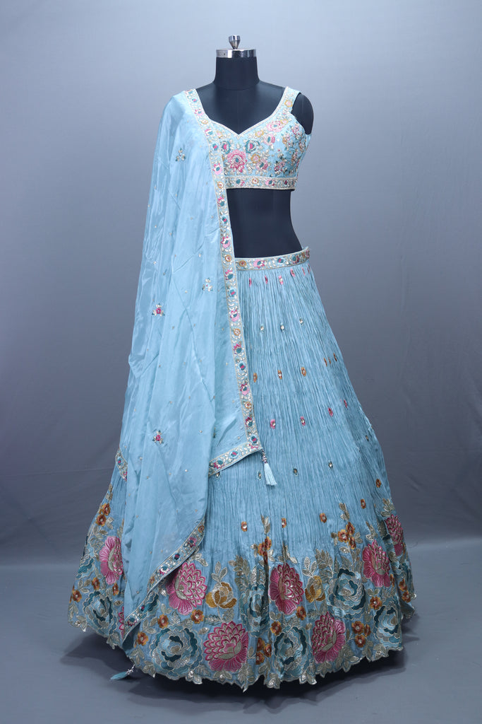 Sky Blue Heavy Embroidered Lehenga Choli with Floral Thread Work Dupatta