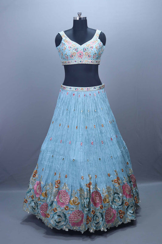 Sky Blue Heavy Embroidered Lehenga Choli with Floral Thread Work Dupatta