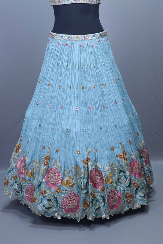 Sky Blue Heavy Embroidered Lehenga Choli with Floral Thread Work Dupatta