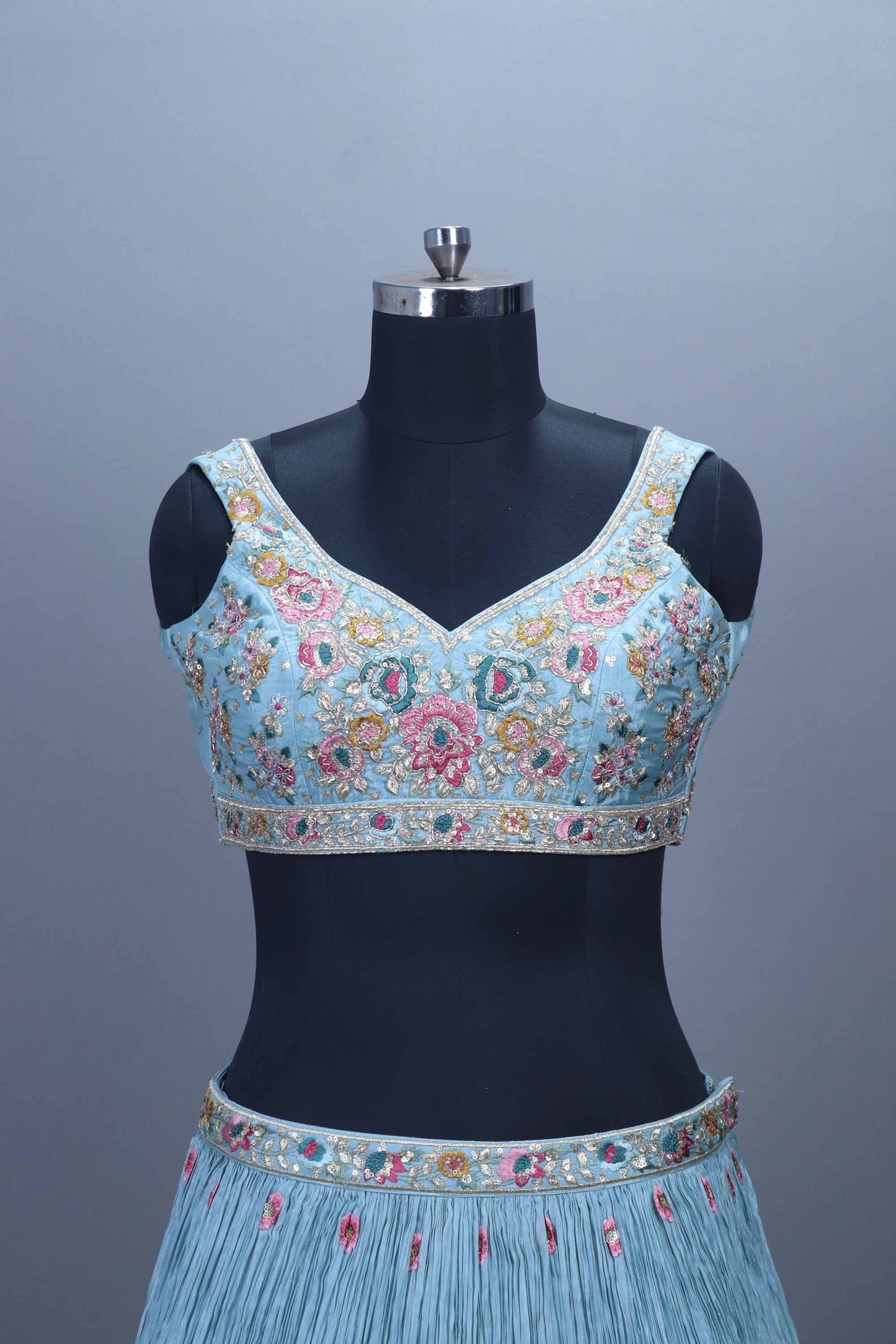 Sky Blue Heavy Embroidered Lehenga Choli with Floral Thread Work Dupatta