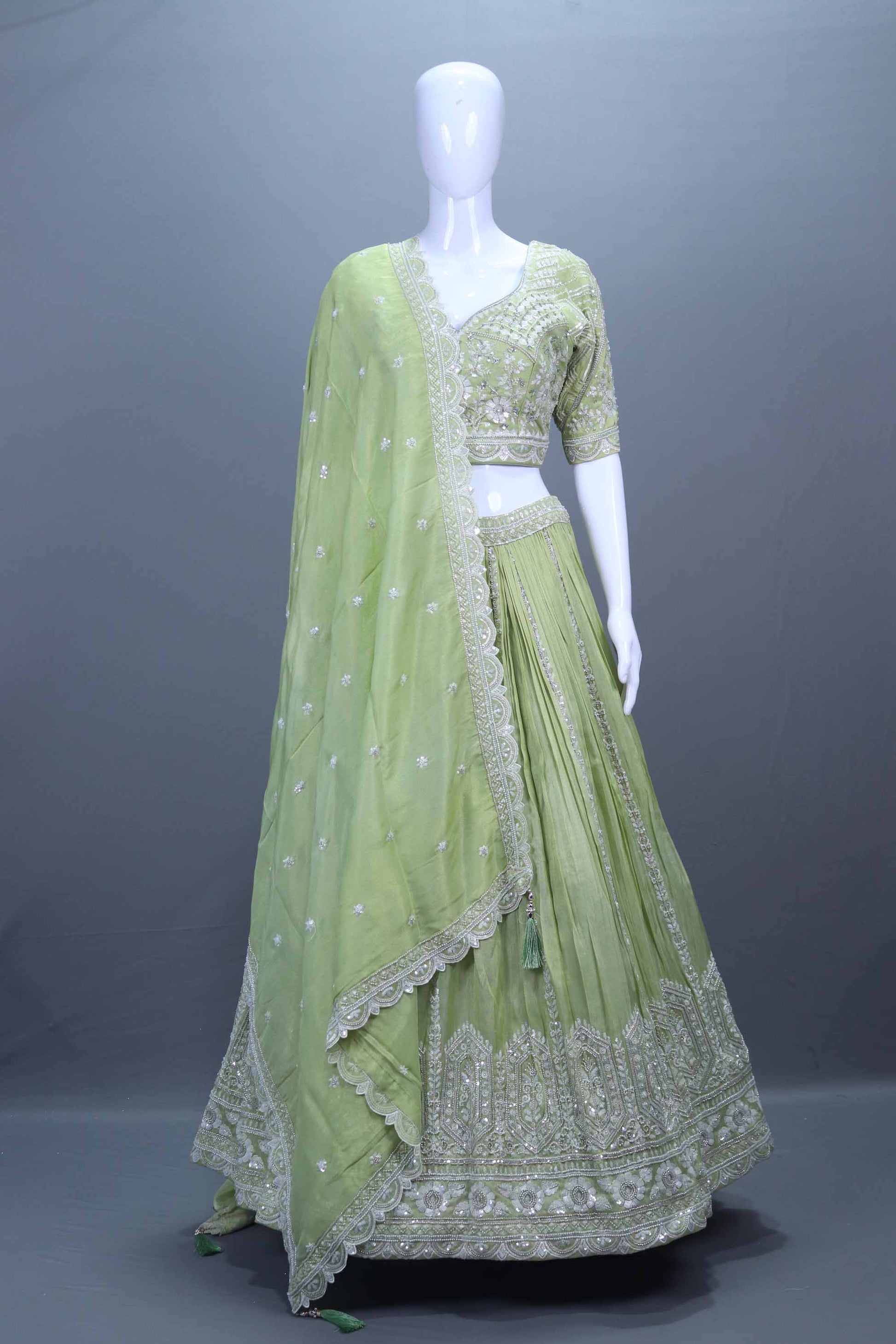 Sage Green Silk Embroidered Lehenga Choli Designer Dupatta