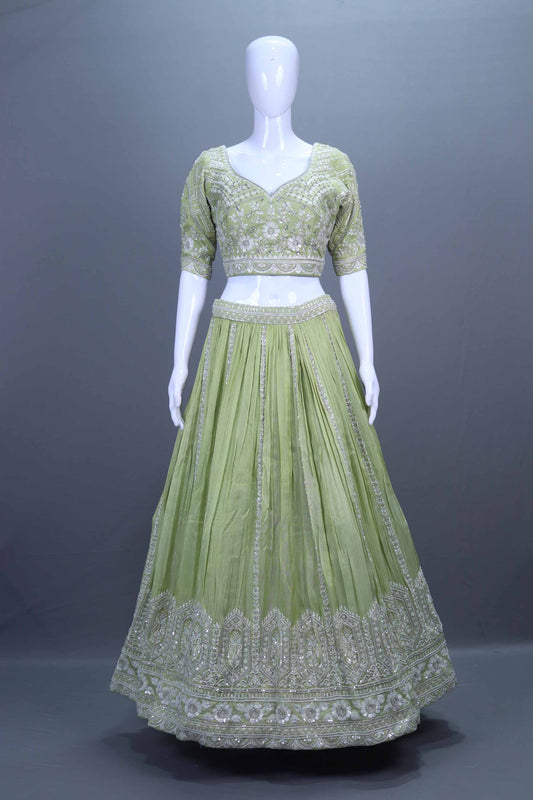 Sage Green Silk Embroidered Lehenga Choli Designer Dupatta