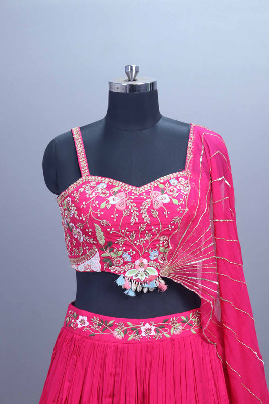 Hot Pink Embroidered Designer Lehenga Choli with Heavy Blouse Dupatta