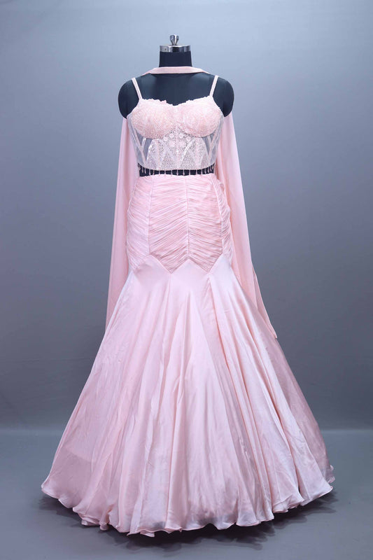 Soft Pink Mermaid Gown with Heavy Blouse Draped Dupatta