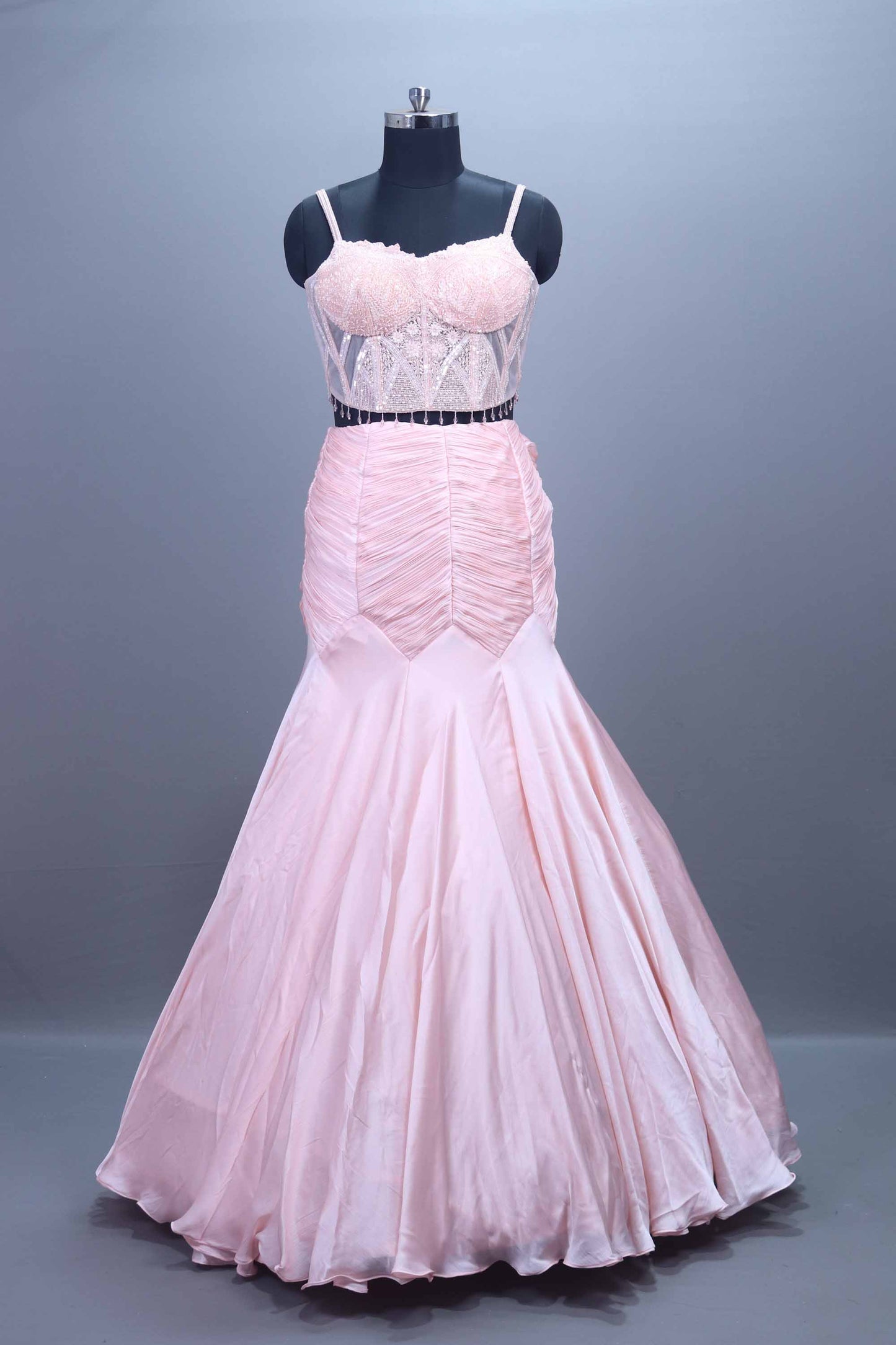 Soft Pink Mermaid Gown with Heavy Blouse Draped Dupatta