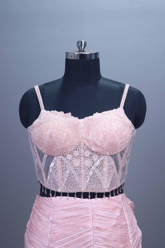 Soft Pink Mermaid Gown with Heavy Blouse Draped Dupatta