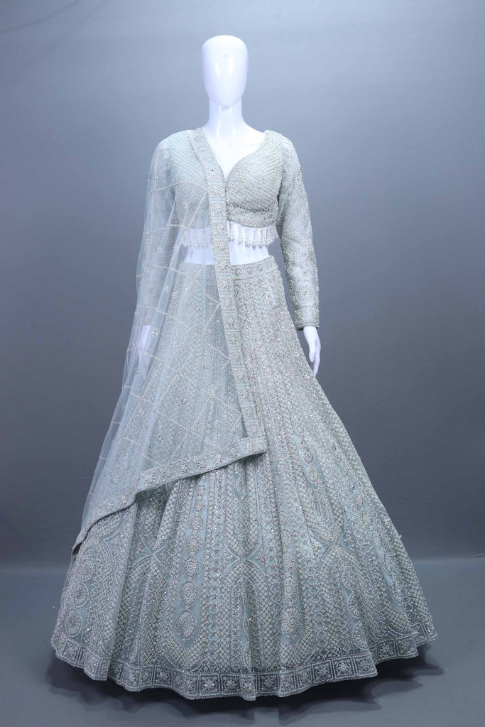 Designer Gray Blue Heavy Lehenga Choli with Full Sleeve Blouse Net Dupatta