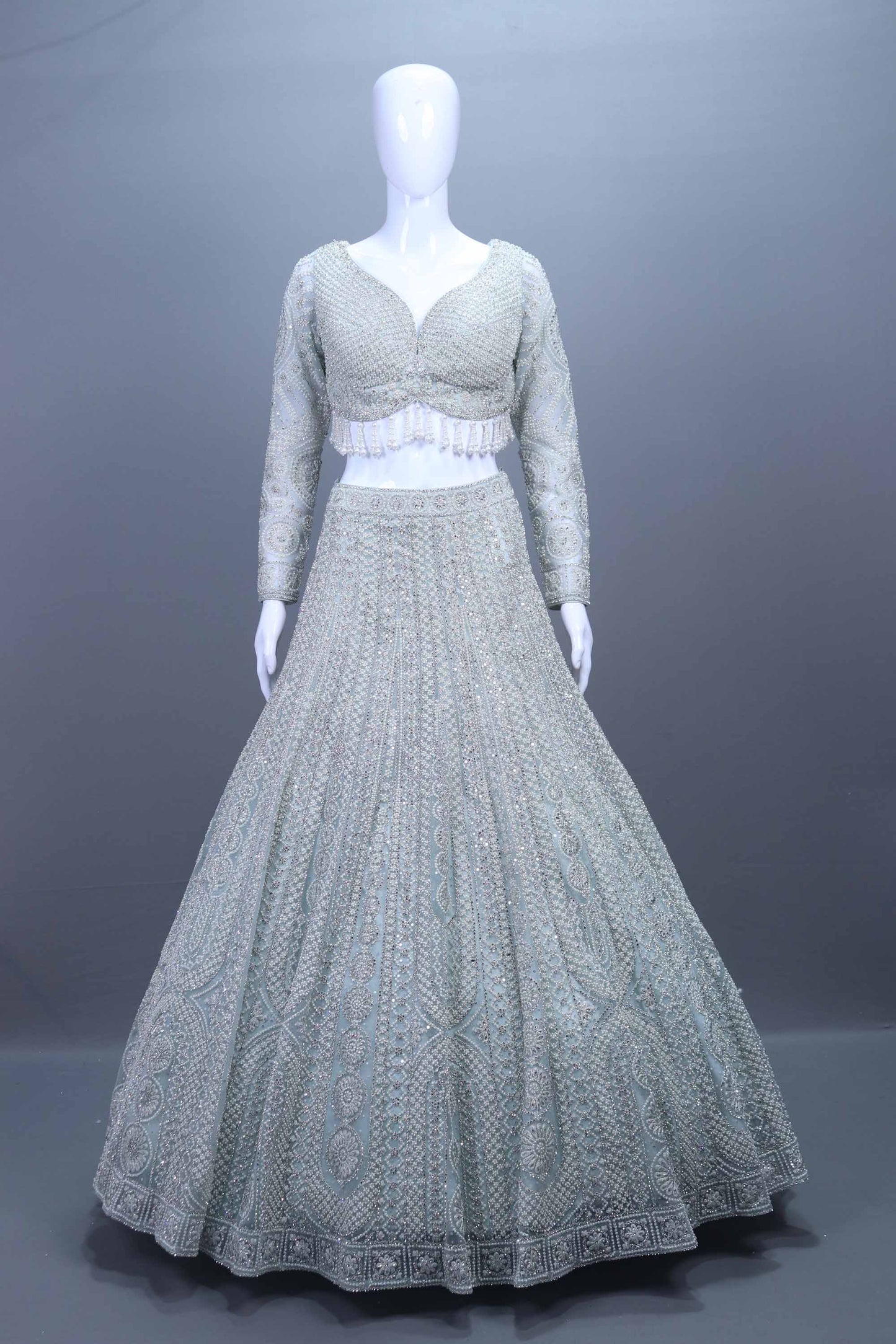 Designer Gray Blue Heavy Lehenga Choli with Full Sleeve Blouse Net Dupatta