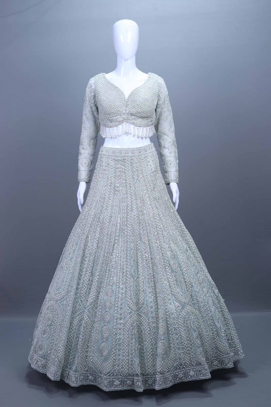 Designer Gray Blue Heavy Lehenga Choli with Full Sleeve Blouse Net Dupatta