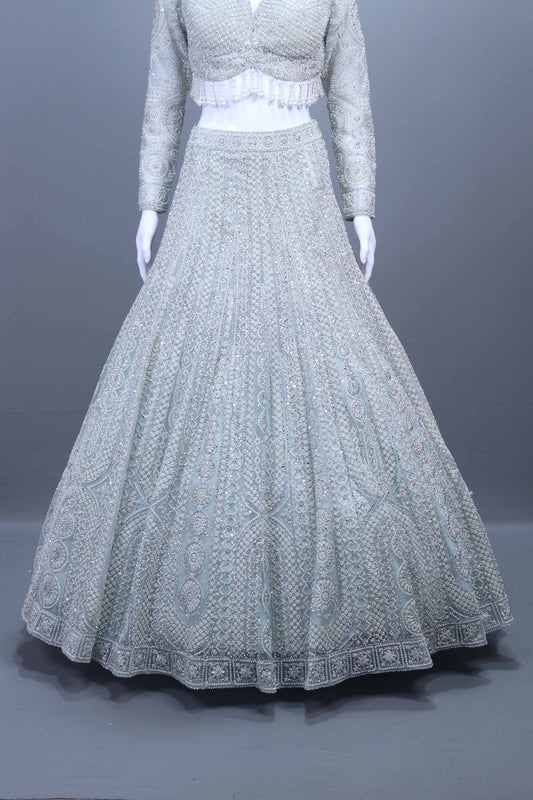 Designer Gray Blue Heavy Lehenga Choli with Full Sleeve Blouse Net Dupatta