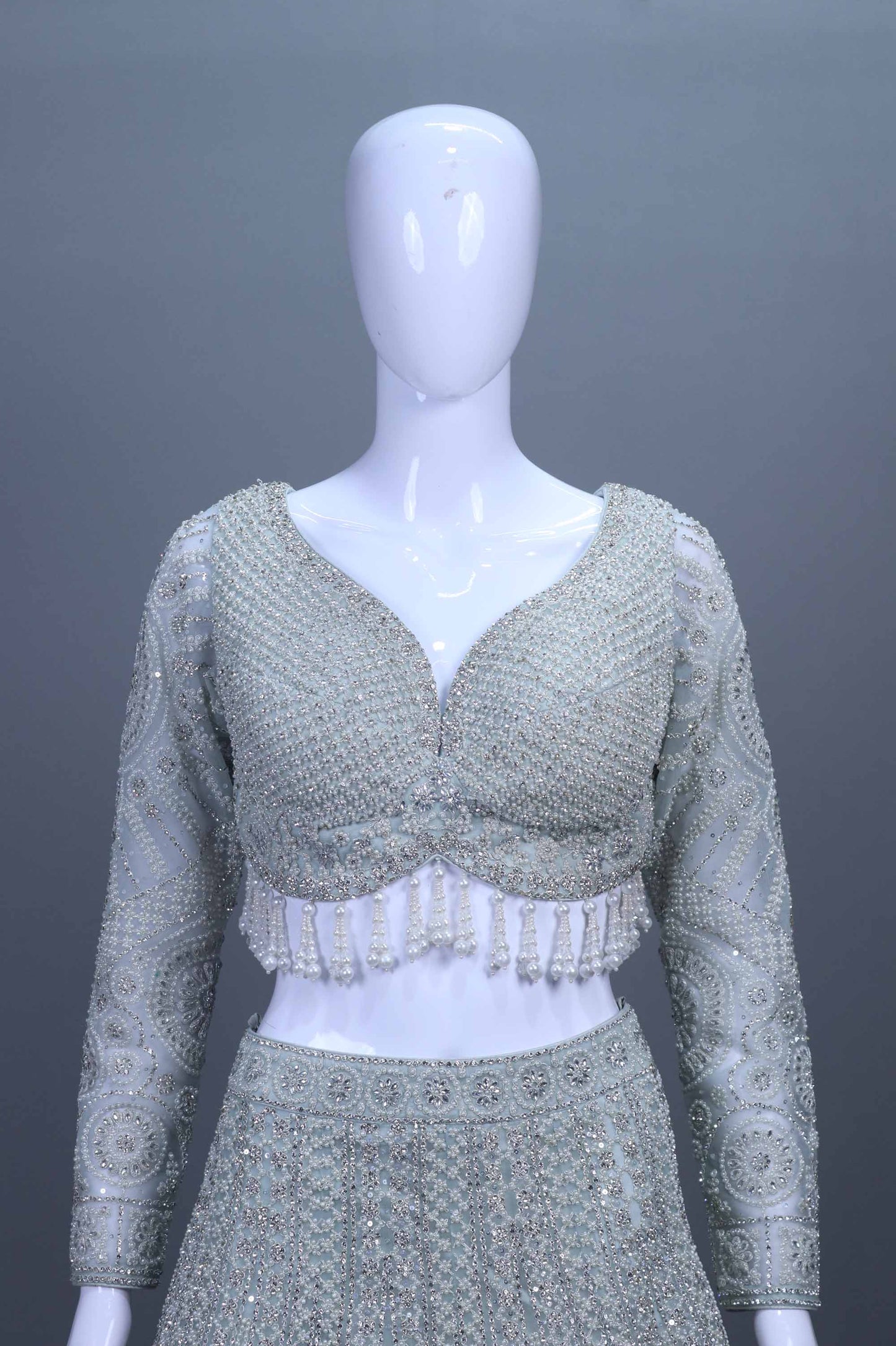 Designer Gray Blue Heavy Lehenga Choli with Full Sleeve Blouse Net Dupatta