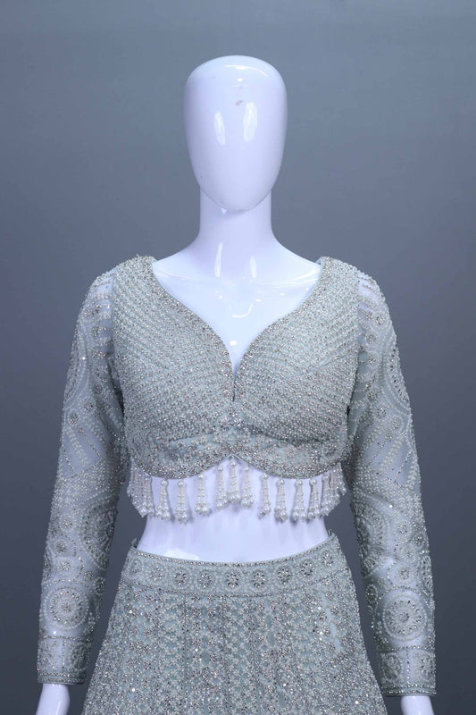 Designer Gray Blue Heavy Lehenga Choli with Full Sleeve Blouse Net Dupatta