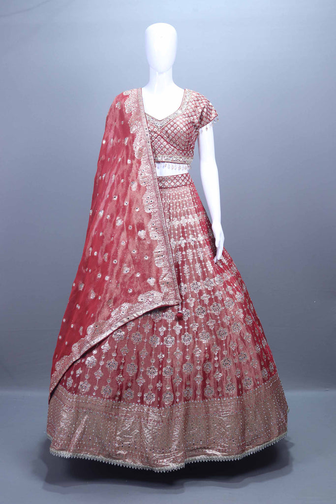 Rose Pink Embroidered Bridal Lehenga Choli Set.
