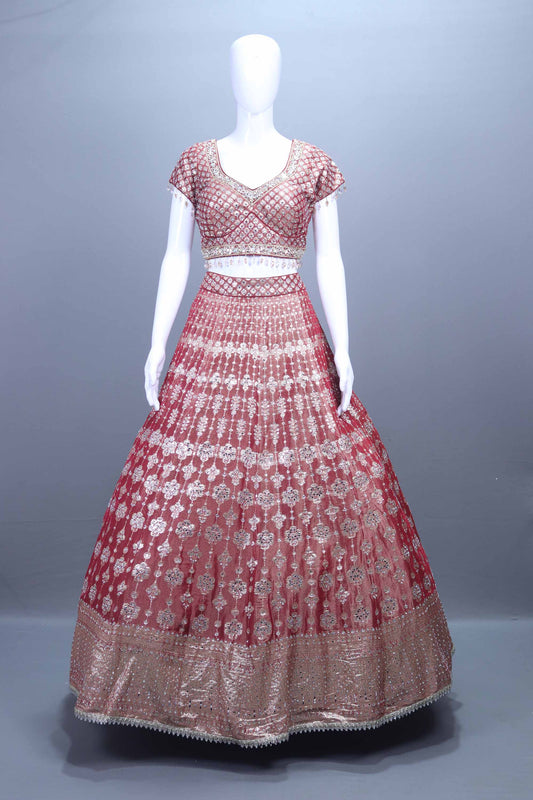 Rose Pink Embroidered Bridal Lehenga Choli Set.