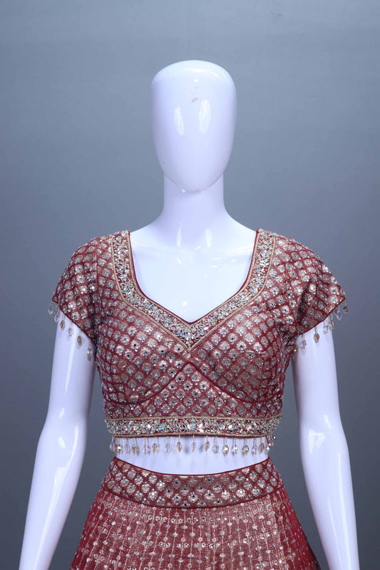 Rose Pink Embroidered Bridal Lehenga Choli Set.