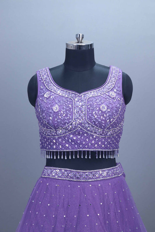 Purple Net Embellished Lehenga Choli Matching Dupatta