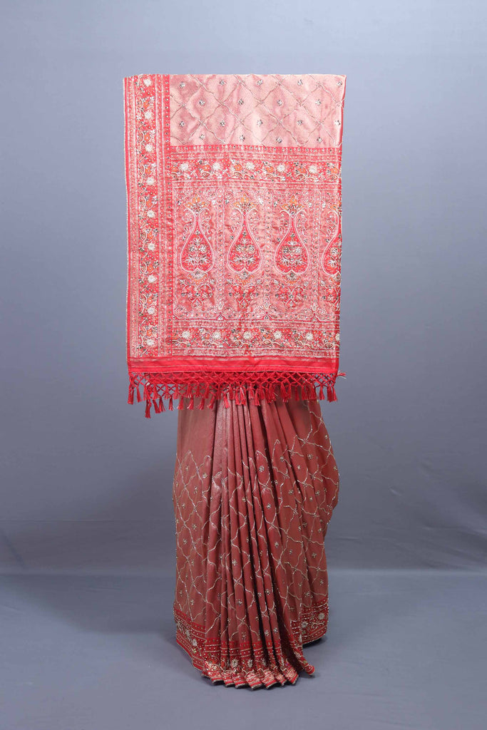 Designer Pink Peach Embroidered Silk Saree with Heavy Pallu Work