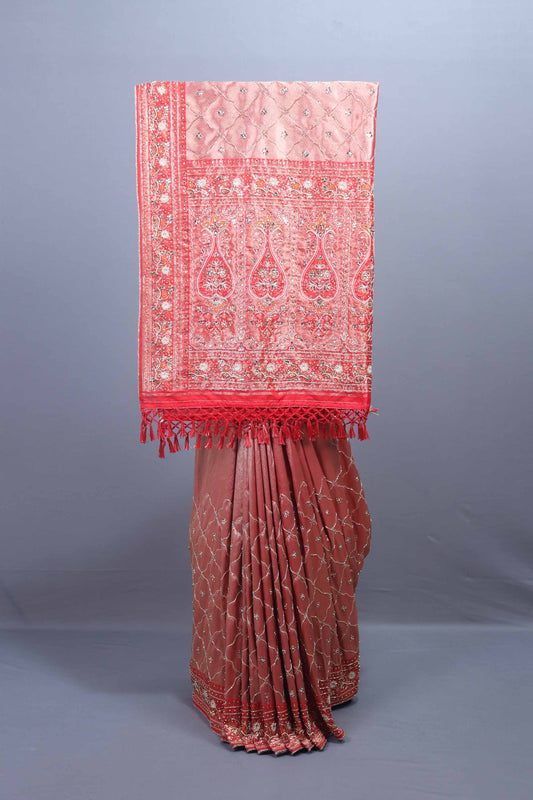 Designer Pink Peach Embroidered Silk Saree with Heavy Pallu Work