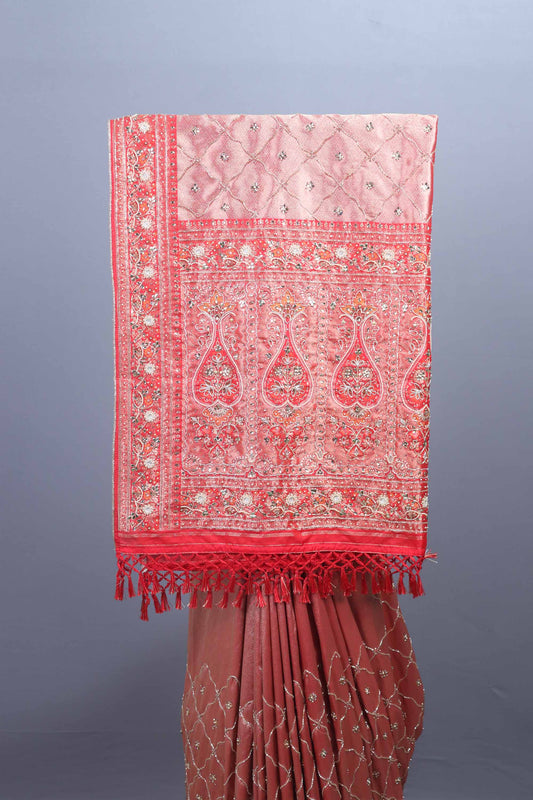 Designer Pink Peach Embroidered Silk Saree with Heavy Pallu Work
