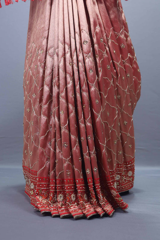 Designer Pink Peach Embroidered Silk Saree with Heavy Pallu Work