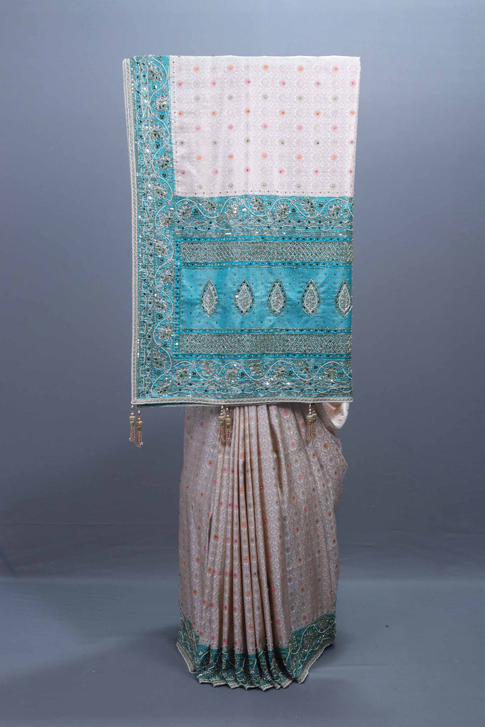 Designer Off-White Saree with Turquoise Blue Heavy Sequin Work 
